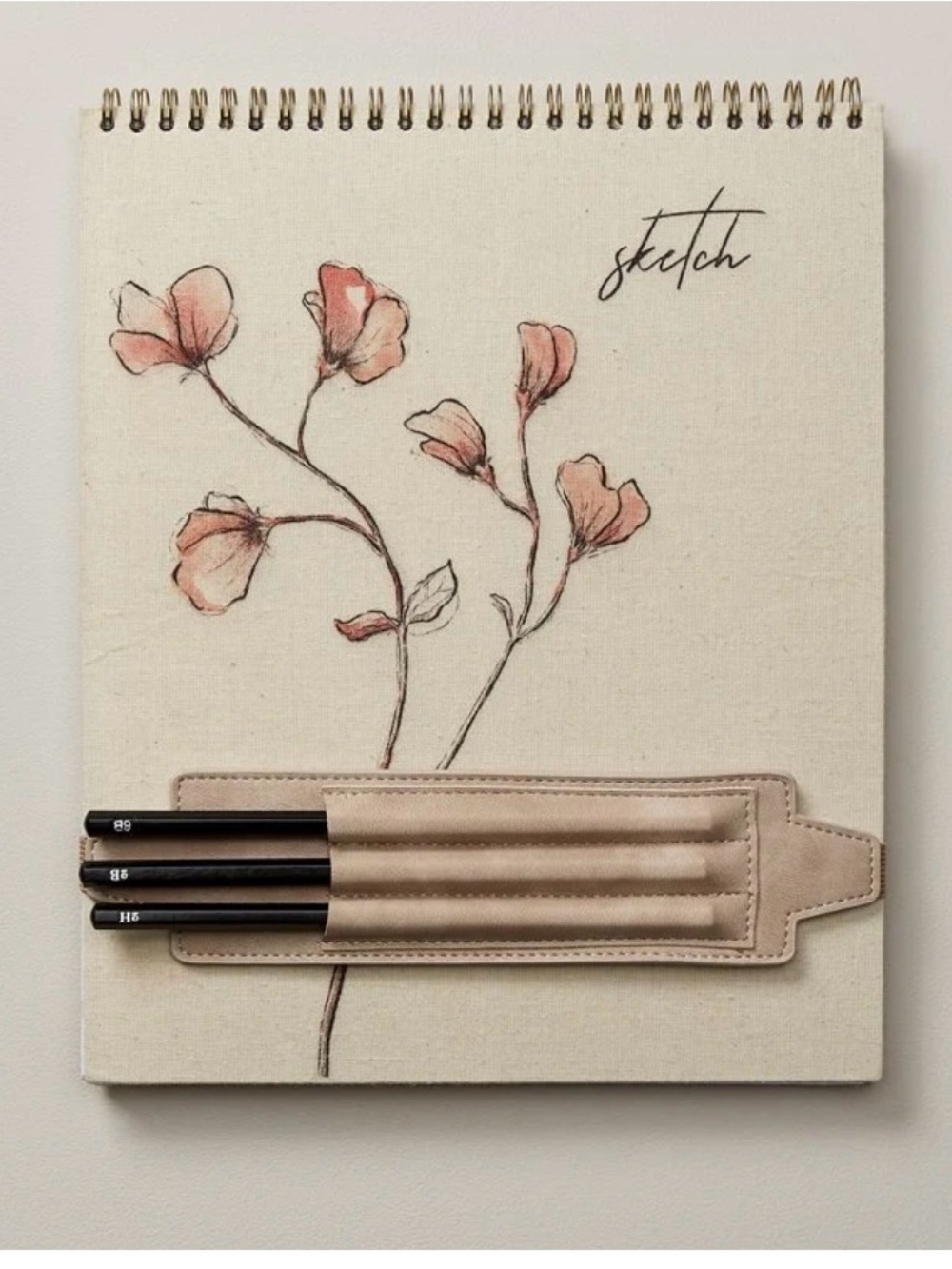Canvas Sketchbook with Floral Cover and Beige Pencil Pouch